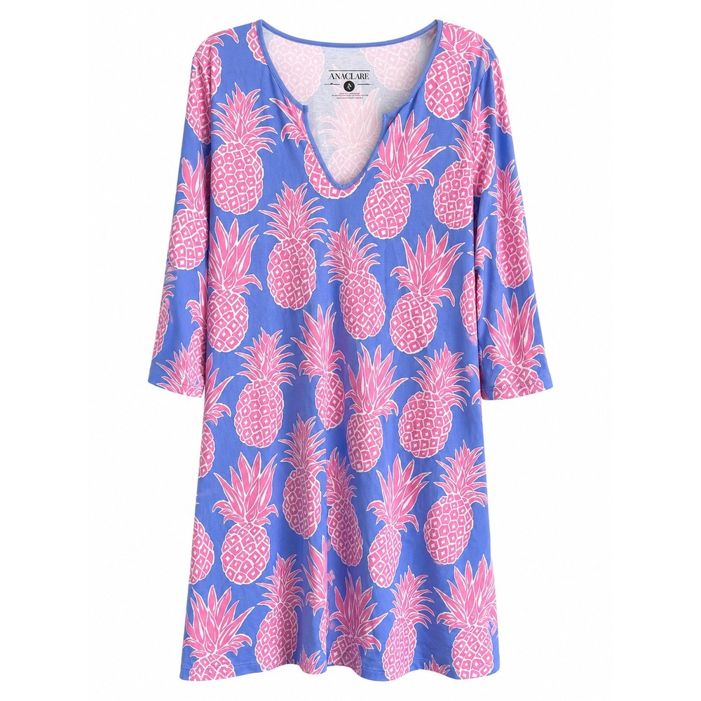AnaClare Pineapple Dress Large Periwinkle Pink Cotton Shift Tropical Resort
